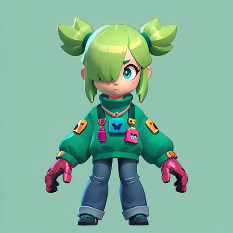 full body view of a teenage girl, neon green hairstyle with a lock of hair covering one eye, pointed pigtails, dressed in a green sweater and jeans, wearing big robotic gloves
