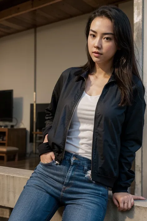 Jessica Henwick, black jacket, low-cut t-shirt, blue jeans