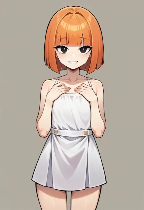 yorumac, yoru mac, short hair, bangs, (black eyes:1.5), blunt bangs, orange hair, bob cut, smile, bright pupils, break looking a...