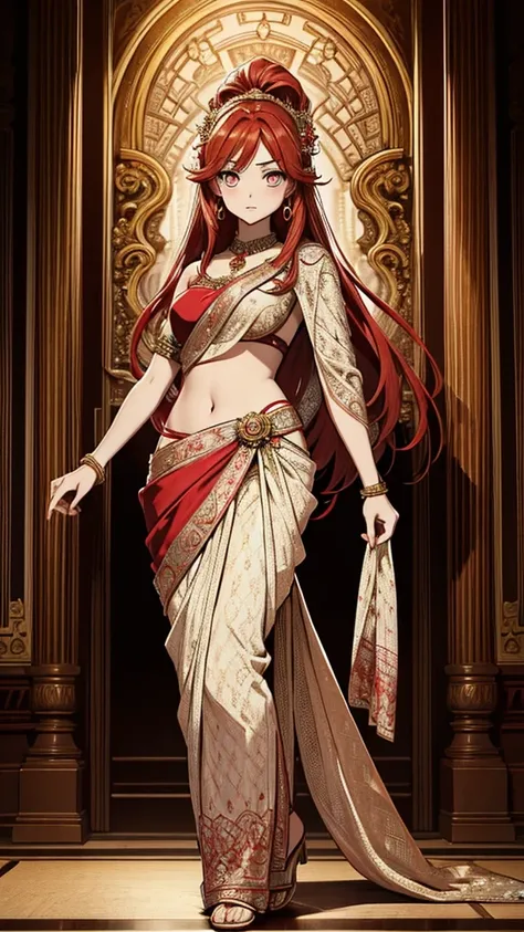 2d, masterpiece, best quality, anime, (highly detailed face), (highly detailed eyes), perfect lighting, 1girl, solo, full body, standing, genie attire, saree, red hair