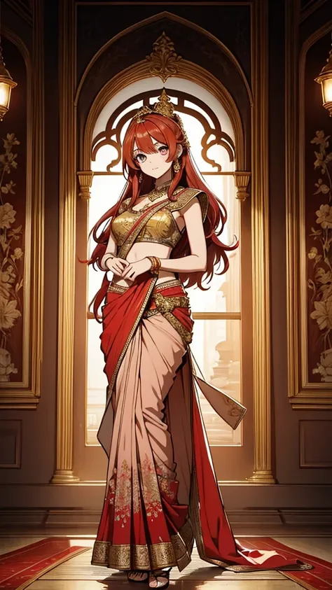 2d, masterpiece, best quality, anime, (highly detailed face), (highly detailed eyes), perfect lighting, 1girl, solo, full body, standing, genie attire, saree, red hair