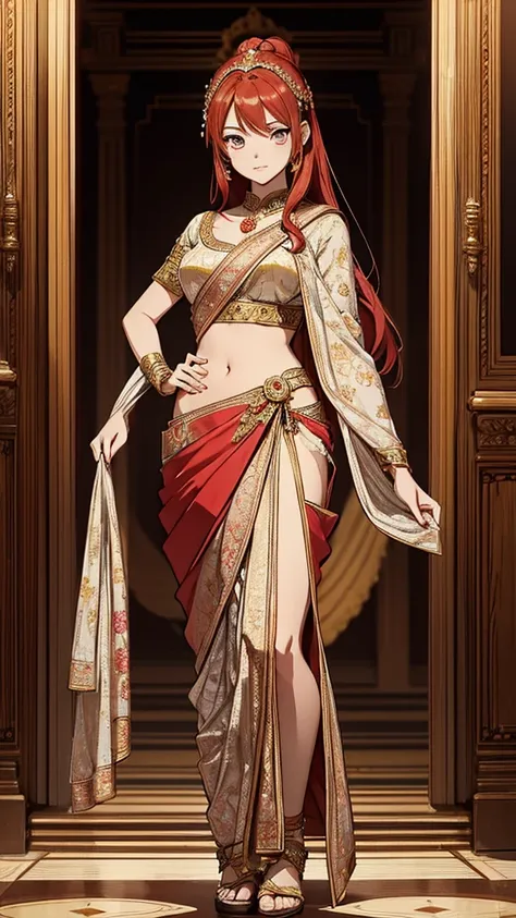 2d, masterpiece, best quality, anime, (highly detailed face), (highly detailed eyes), perfect lighting, 1girl, solo, full body, standing, genie attire, saree, red hair