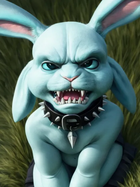 A cute cyan colored baby rabbit has a grumpy face with pointy teeth sticking out of its mouth and wears a black collar with pointy spikes around the collar black eye pupils and is sitting on the grass