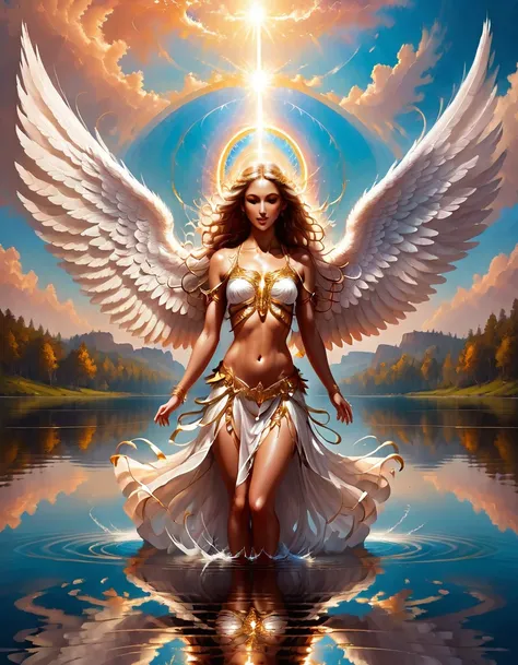 a picture of a female angel flying over a lake ((the angels reflection mirrored perfectly in the lake: 1.5)), full body shot, a beautiful female angel, divine beauty angel, ((ultra detailed face: 1.3)), (best detailed face: 1.3), dynamic eye color, dynamic...