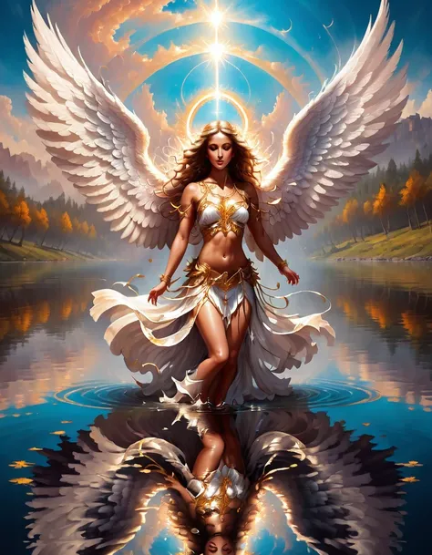 a picture of a female angel flying over a lake ((the angel's reflection mirrored perfectly in the lake: 1.5)), full body shot, a...