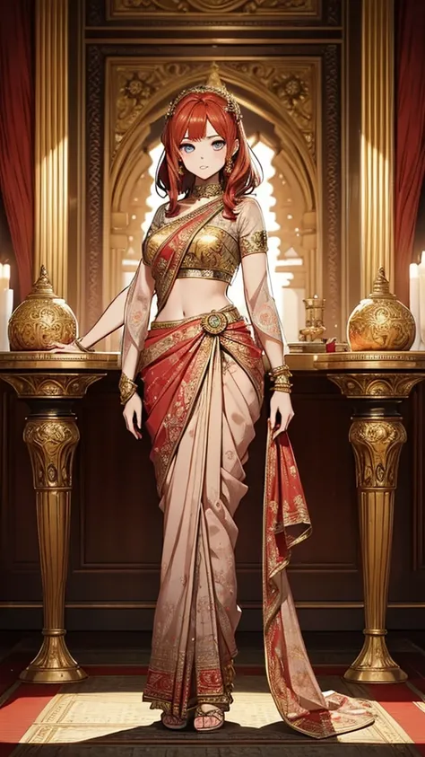 2d, masterpiece, best quality, anime, (highly detailed face), (highly detailed eyes), perfect lighting, 1girl, solo, full body, standing, genie attire, saree, red hair