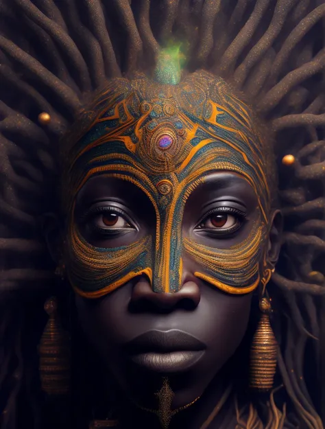 Obaluayê the African orisha wearing a detailed and intricate ade, god of health, face covered with straws, penetrating gaze, cosmic god, astrophotography