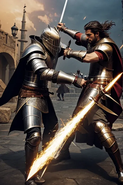 Two knights fighting using magical powers and weapons