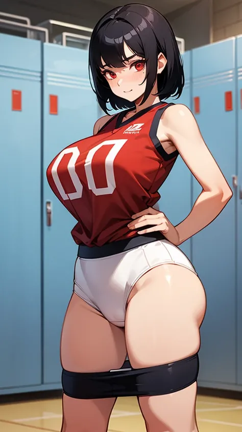  1 women, big breasts, basketball costume,You can see a little bit of your underwear,bob black hair , correct anatomy ,Beautiful eyes, beautiful face , tsudere,milf,in the locker room,red eyes,เขินอาย