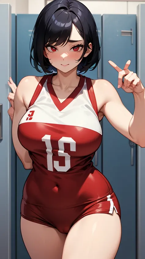  1 women, big breasts, basketball costume,You can see a little bit of your underwear,bob black hair , correct anatomy ,Beautiful eyes, beautiful face , tsudere,milf,in the locker room,red eyes,เขินอาย