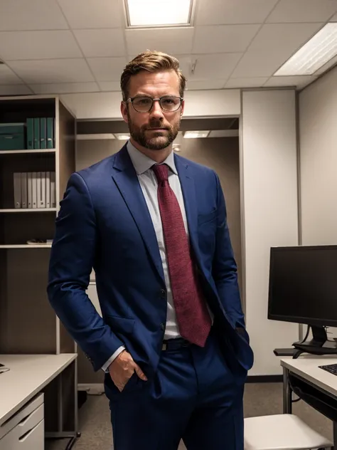 the man in the photo wearing a suit, in an office environment, with the lighting just where it is, standing alone, with the phra...