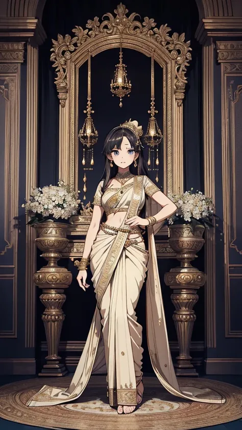 2d, masterpiece, best quality, anime, (highly detailed face), (highly detailed eyes), perfect lighting, 1girl, solo, full body, standing, genie attire, saree