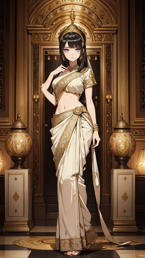 2d, masterpiece, best quality, anime, (highly detailed face), (highly detailed eyes), perfect lighting, 1girl, solo, full body, standing, genie attire, saree