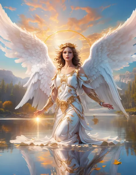 a picture of a female angel flying over a lake ((the angel's reflection mirrored perfectly in the lake: 1.5)), full body shot, a...