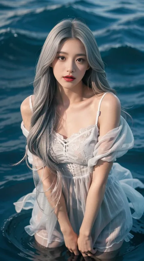 facing at camera，face to the viewer，standing on your feet，High picture quality，Works of masters，girl，silver hair，straight glossy Long hair shawl，silver deep gray hair, gray coloured hair, silver hair, gray eyes, metallic gray hair, metallic gray eyes, Long...