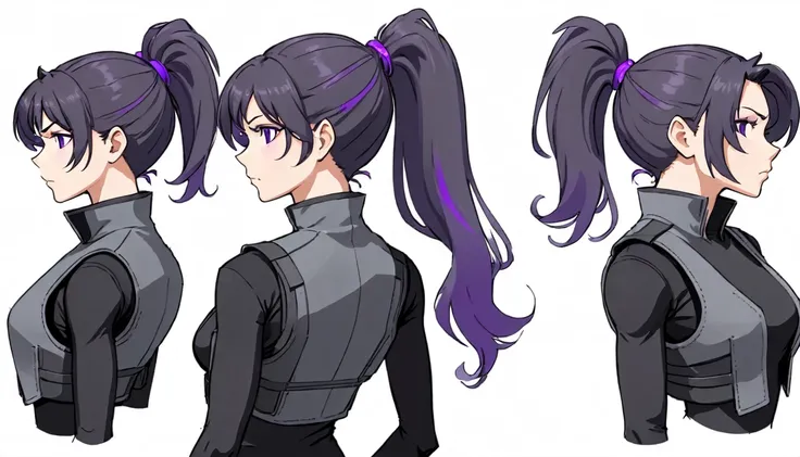 multiple views,reference sheet, model sheet, one mature female,human, dark hair with purple strands, ponytail, purple eyes,black...