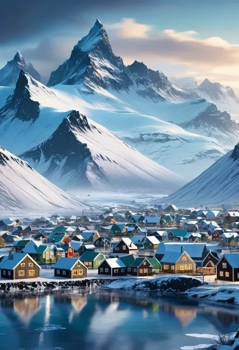 make me a winter town inspired by iceland and norway, with icy mountains in the background, modern norse mythology.