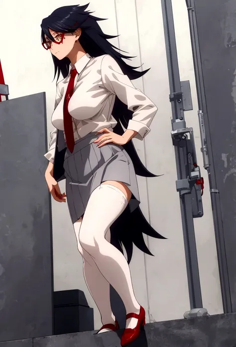 ((best quality)), ((masterpiece)), (detailed), 1 girl, gray tailored suit, white shirt, tie, short gray skirt, red stockings, re...