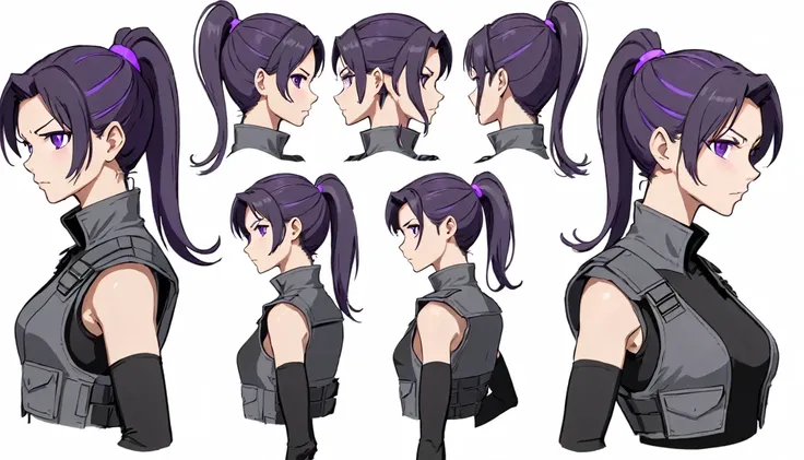 multiple views,reference sheet, model sheet, one mature female,human, dark hair with purple strands, ponytail, purple eyes,black...