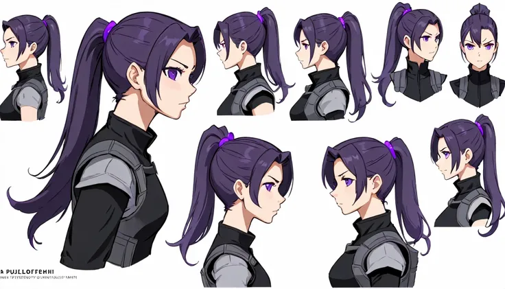 multiple views,reference sheet, model sheet, one mature female,human, dark hair with purple strands, ponytail, purple eyes,black...