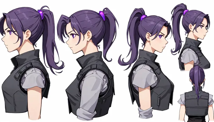 multiple views,reference sheet, model sheet, one mature female,human, dark hair with purple strands, ponytail, purple eyes,black...