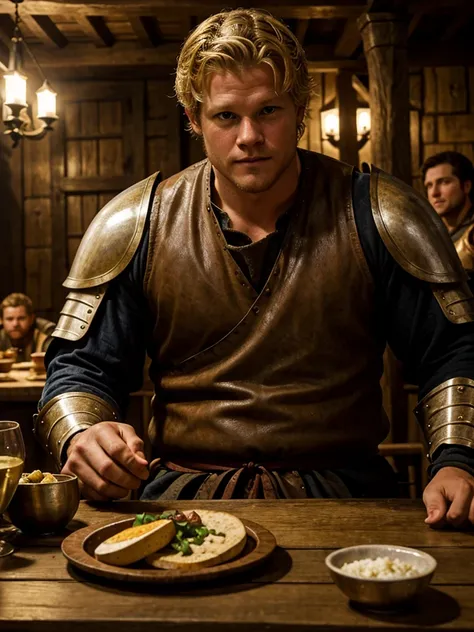 christopher egan as a handsome medieval knight sits at a table in a tavern, in front of him is a fat, obsequious innkeeper