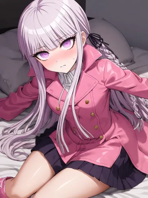 a beautiful girl with long light purple hair wearing a shiny pink raincoat, laying on a bed with white sheets and pillows, looki...