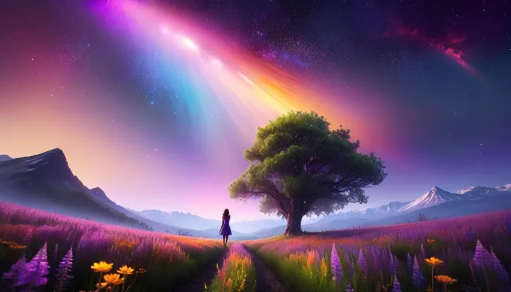 Huge landscape photo, (bottom view, sky above and open field below), A girl stands in a flower field and looks up, (Take the key: 1.2), (meteor: 0.9), (nebula: 1.3), distant mountains, BREAK Creating artistic trees, (warm light: 1.2), (fireflies: 1.2), lig...