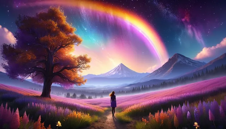 Huge landscape photo, (bottom view, sky above and open field below), A girl stands in a flower field and looks up, (Take the key: 1.2), (meteor: 0.9), (nebula: 1.3), distant mountains, BREAK Creating artistic trees, (warm light: 1.2), (fireflies: 1.2), lig...