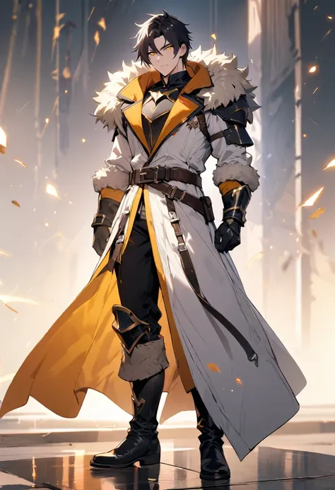 masterpiece, best quality, 1man, adult, male-focus, fur-trim, solo, full-body, black-hair, gloves, boots, armor, belt, coat, looking-at-viewer, ((Yellow-eyes)), black-gloves, long-coat, standing, white-coat, pants, White-skin,
