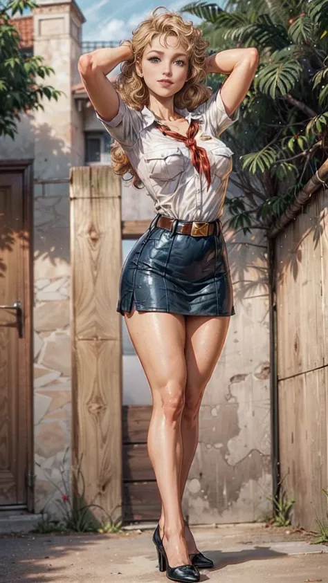 8k, high detailed picture, (plump smiling lips:1.1), look at you, perfect small breast, mouth is wide open, thin and elegant hands, neat palms, perfect hands, holds his hands behind his head, neat feet, pioneer neckerchief, bangs, shirt, collarbone, very t...