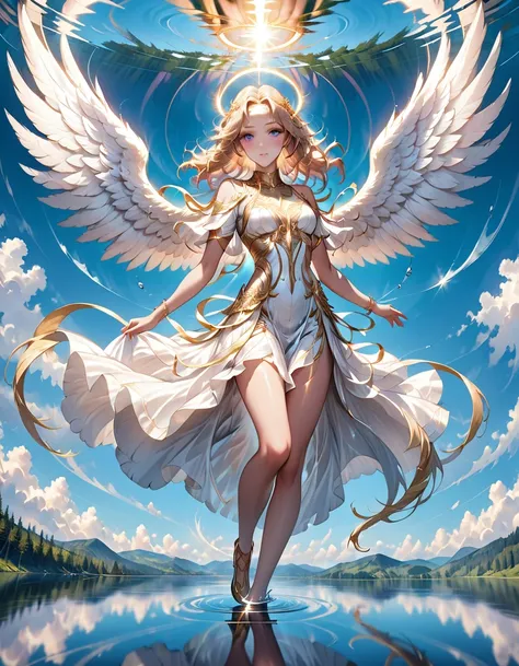 a picture of a female angel flying over a lake ((the angel's reflection mirrored perfectly in the lake: 1.5)), full body shot, a...