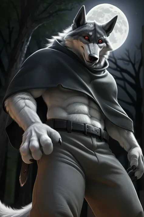 death (puss in boots), male, muscular, wolf, canid, fluffy, standing, night, forest, claws, paws, low angle view, long hair, black sclera, red eyes, tail, front view, action pose, (black poncho:1.2), clothed, bottomwear, pants, belt, white body, black fur,...