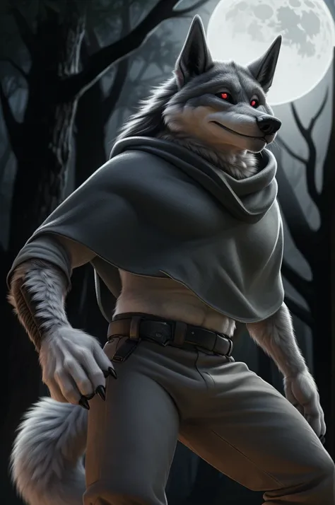 death (puss in boots), male, muscular, wolf, canid, fluffy, standing, night, forest, claws, paws, low angle view, long hair, black sclera, red eyes, tail, front view, action pose, (black poncho:1.2), clothed, bottomwear, pants, belt, white body, black fur,...