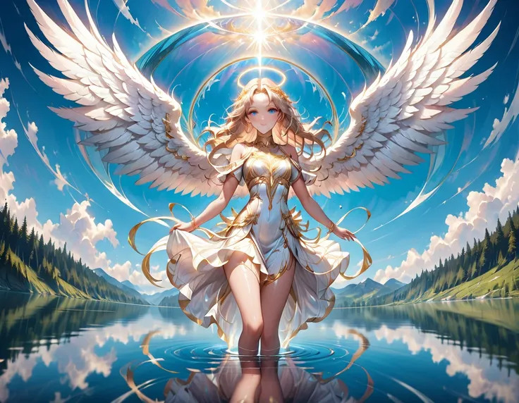 a picture of a female angel flying over a lake ((the angel's reflection mirrored perfectly in the lake: 1.5)), full body shot, a...