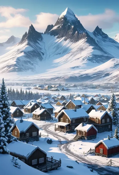 make me a winter town inspired by iceland and norway, with icy mountains in the background, forest with tundra, winter forests, ...