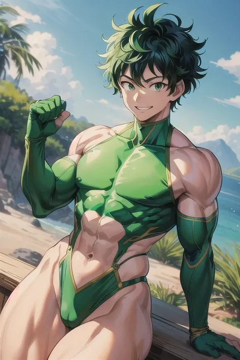 (masterpiece, best quality:1.2), cowboy shot, 独奏, male focus, 1boy, midoriya izuku, smile, looking at viewer, short green hair, green eyes, green bodysuit, gloves, Bodybuilder, extremely muscular, young woman, muscular legs , muscular arms, Muscular upper ...