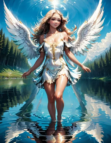 a picture of a female angel flying over a lake ((the angel's reflection mirrored perfectly in the lake: 1.5)), full body shot, a...