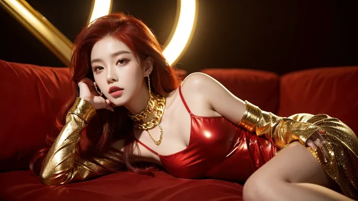 Kpop concept pictures. Red and gold lights background. Girl with red hair posing with gold chains 