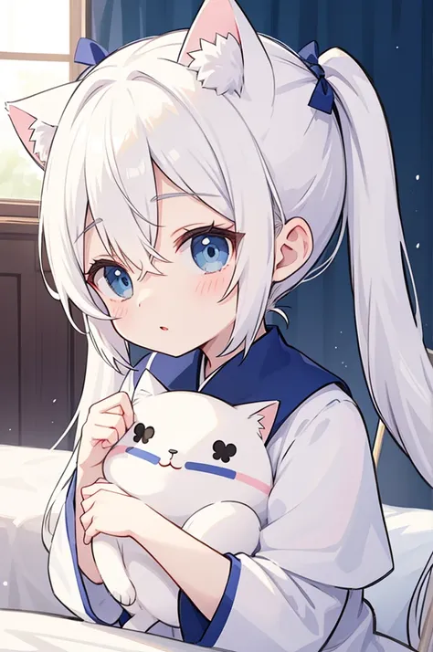 tchibi、、white hair in twin tails、bright blue eyes、cat ear、bangs between the eyes、i&#39;m wearing transparent clothes.、cute、bare ...