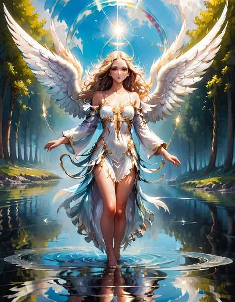 a picture of a female angel flying over a lake ((the angel's reflection mirrored perfectly in the lake: 1.5)), full body shot, a...