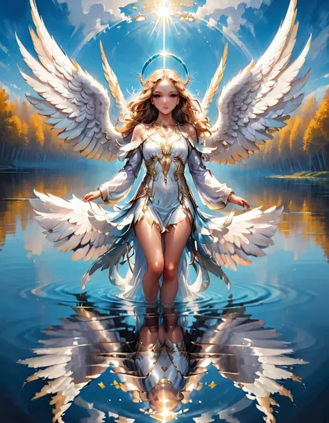 a picture of a female angel flying over a lake ((the angel's reflection mirrored perfectly in the lake: 1.5)), full body shot, a...