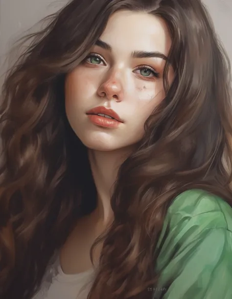 !create "19 years old caucasian, girl, brunette hair, highly detailed face and beautiful clear green eyes, big naturals , long hair, she is gya, bending over, seductive smirk" "painting, sketches, normal quality, skin spots, acne, glans" instagram -1