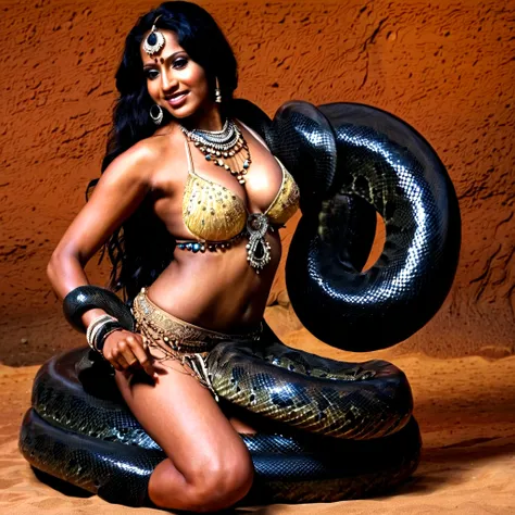   topless Happy Horny, aroused 1girl), beautiful kneeling indian young teen belly dancer with  giant colossal black titanboa squeezing her hard, wrapped in thick spiraling coils, constricted, struggle, gasping for air, snake attack, snake peril, moonless n...