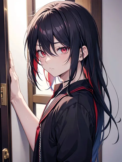 anime boy in front of a door, anime visual of a cool boy, , cool anime boy, an anime boy, by Jin Homura, anime best boy, anime boy with long hair, one red eye, one gold eye, high res, yandere vibes, black hair, red tips