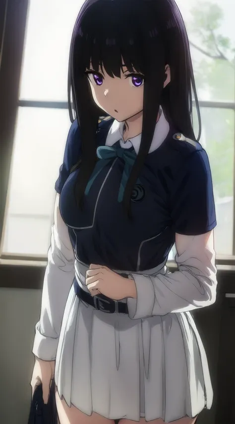 1girl,((black hair))
BREAK ((inoue takina, long hair, bangs, black hair, (purple eyes:1.2),crop top, white socks, shirt, long sleeves, dress, ribbon, , white shirt, collared shirt, belt, neck ribbon, blue dress, green ribbon, pleated dress, grey dress, two...