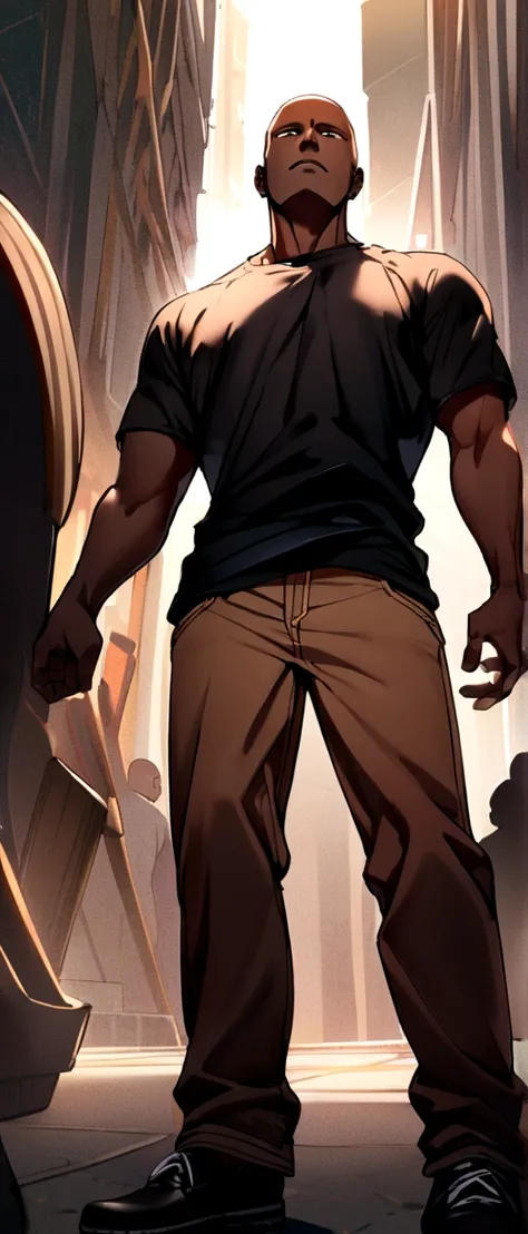 1 black man, bald head, wearing a black t-shirt. brown jeans