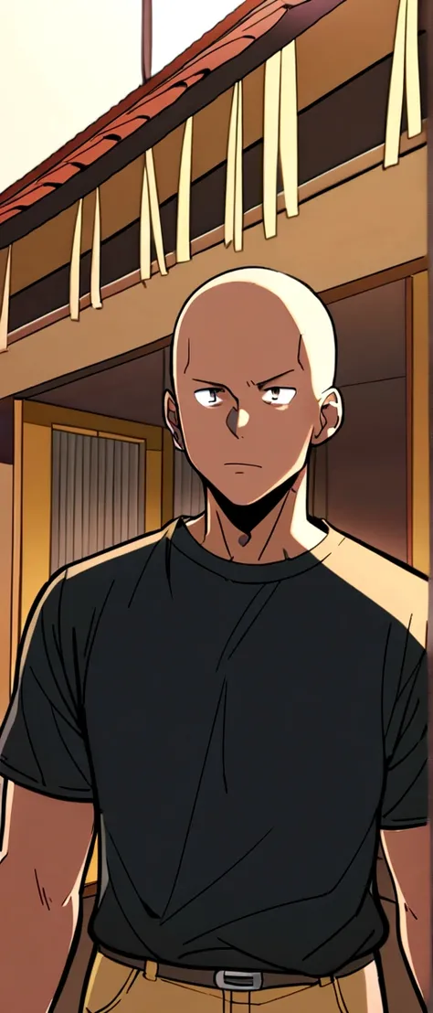 1 black man, bald head, wearing a black t-shirt. brown jeans