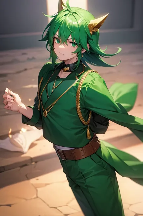 anime boy leader of desert criminal gang, with an emerald crown