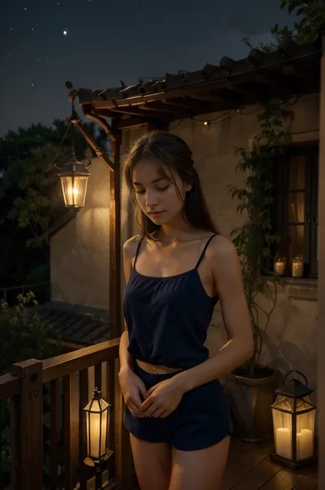 Create a highly realistic scene of a 13-year-old Italian girl standing on the balcony of her rural home at night, surrounded by the tranquil darkness of the countryside. She is dressed in a light, summery pajama set: a sleeveless top and loose, short short...